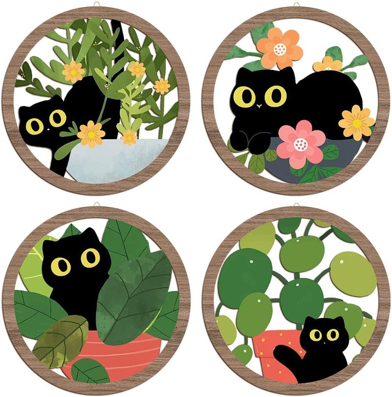 XFN 4PCs 3D Cat Hanging Wooden Wall Art Plant Kitten Wall Decor, Botanical Wall Decor, Cat Lover Gifts, Floral Leaves Cat Wooden Sign Wood Art Wood Plaque Home Decor for Living Room Bedroom Farmhouse - Image 1